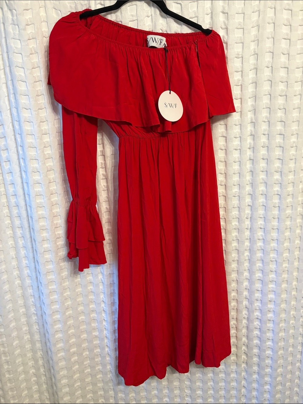 S.W.F Red One-Shoulder Ruffle Midi Dress